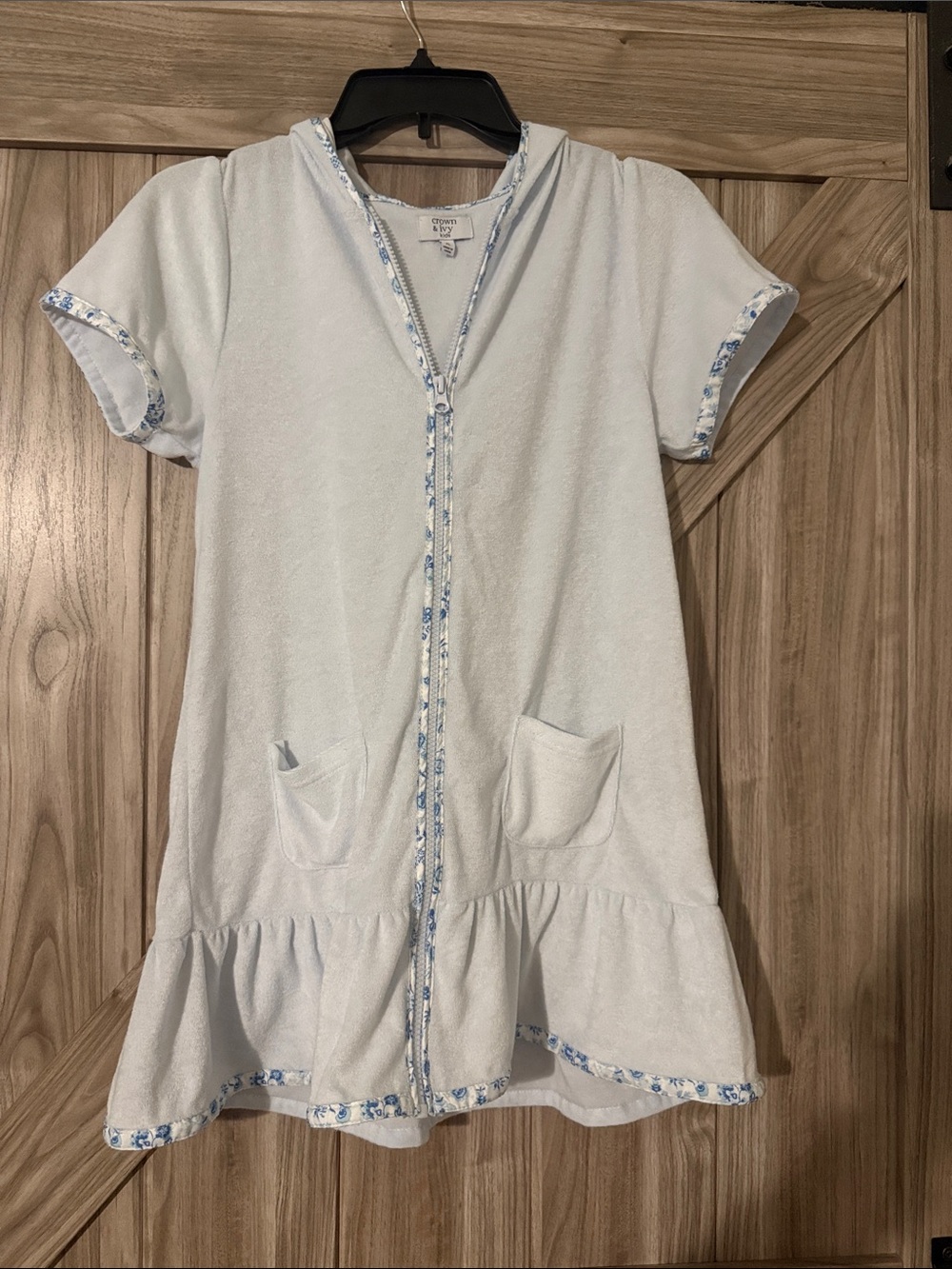 crown & ivy Pale Blue Hooded Terry Swim Coverup with Floral Trim